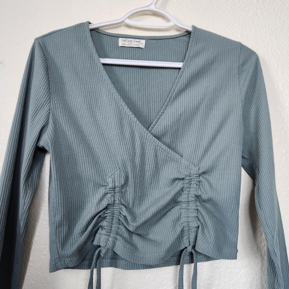 Ribbed Ruched Sage Green Crop Top Long Sleeve Size XL